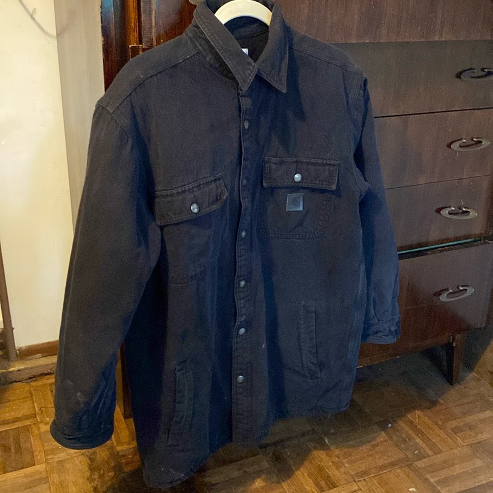 Mens Vintage CARHARTT Shirt Jacket In Navy With Warm Interior Lining Size Medium